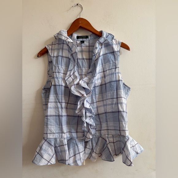 Lauren Ralph Lauren Blue Plaid Button Front Ruffled Shirt Women's Size  16 - Picture 3 of 4